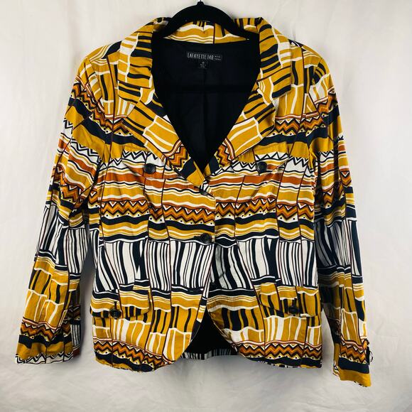 Lafayette 148 Casual‎ Cotton Patterned Yellow Black Unstructured Blazer Size 10 - Picture 1 of 9